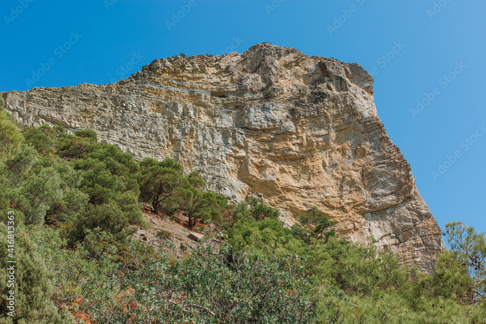Scenic view of rock and green junipers on a hot summer day, near Sudak, Crimea.