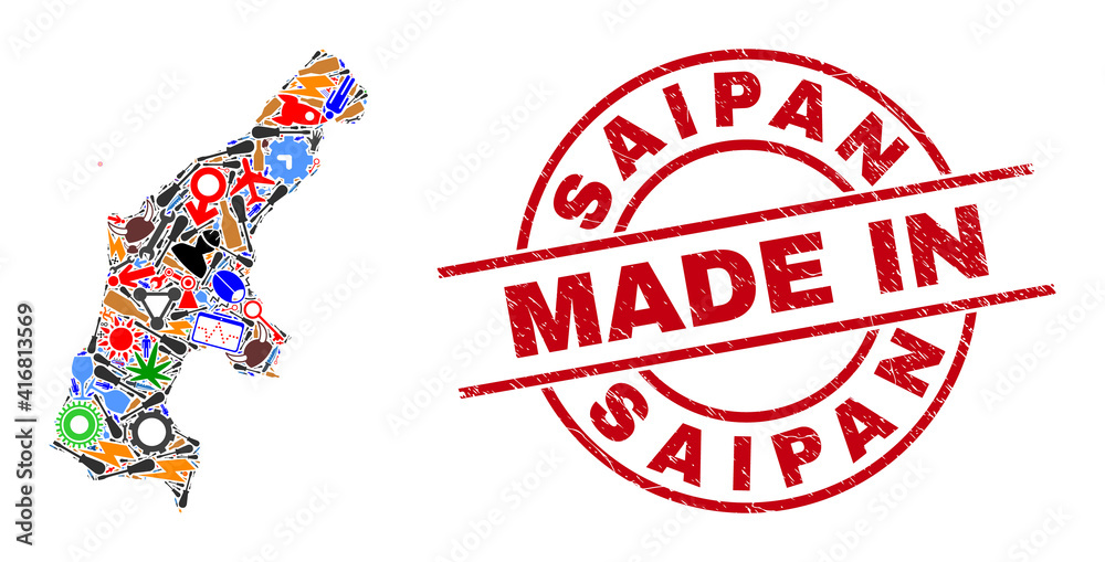 Production Saipan Island map mosaic and MADE IN scratched stamp seal. Saipan Island map composition composed with spanners, gear wheels, tools, aircrafts, cars, electric sparks, rockets.