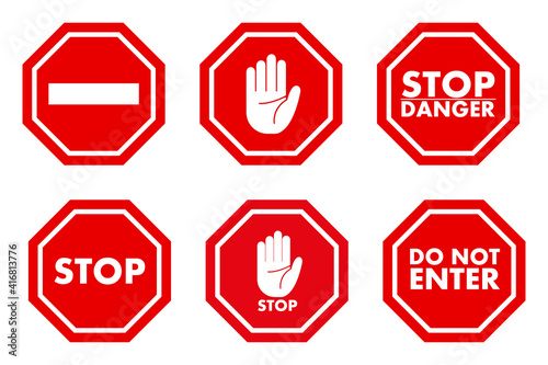 Stop traffic icon. Restrictive and warning signs. Isolated on white background. Set of stop motion icons in flat style. Vector