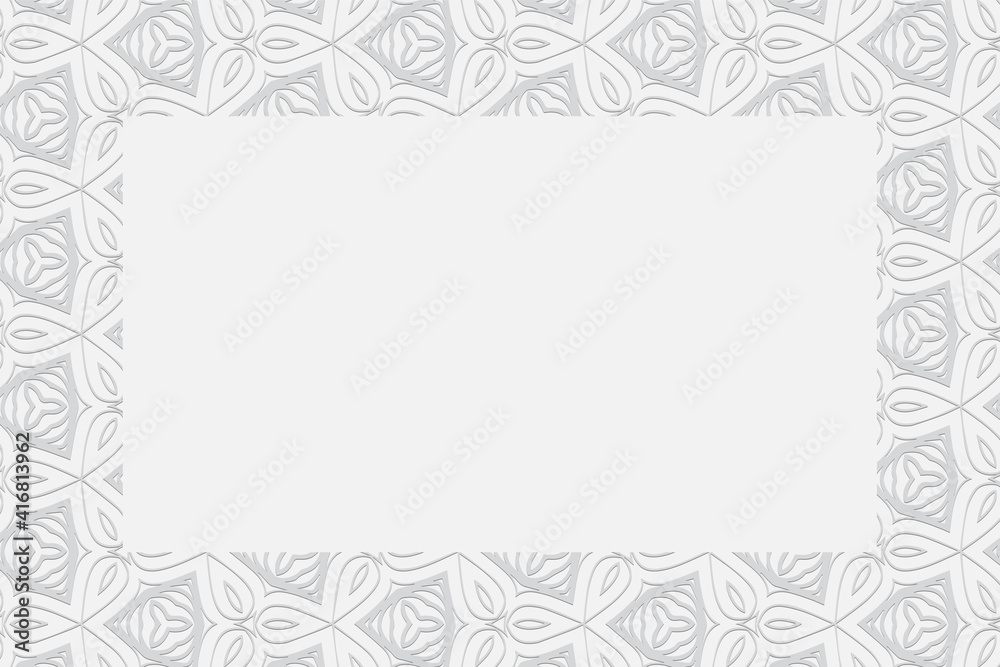 Geometric convex volumetric 3D ornament from a relief ethnic texture. White background from stylish openwork figures and triangles in the style of the peoples of India. Frame for text Geometric convex volumetric 3D ornament from a relief ethnic texture. White background from stylish openwork figures and triangles in the style of the peoples of India. Frame for text