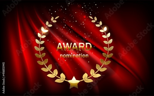 Golden award sign with laurel wreath isolated on red curtain background.