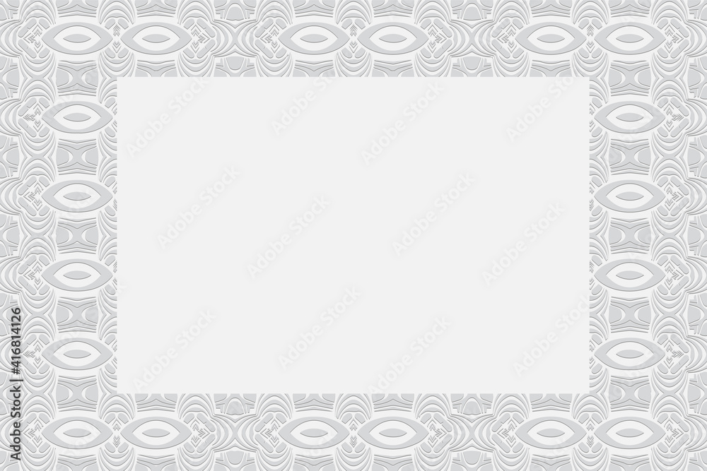 Frame for text. Geometric convex volumetric 3D ornament from a relief texture. White background from ethnic unique elements in the style of the peoples of India.