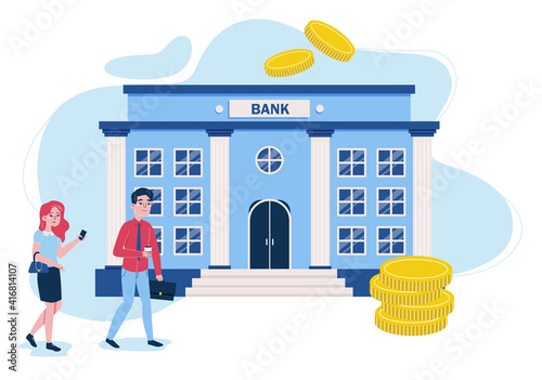 Woman and man go to bank building. Flat design illustration. Vector