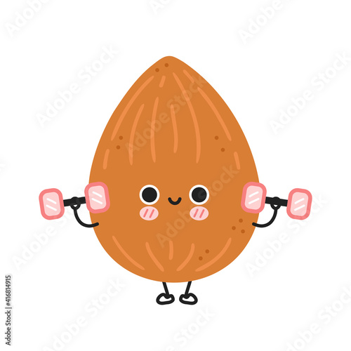 Cute funny almond make gym with dumbbells. Vector flat line cartoon kawaii character illustration icon. Isolated on white background. Almond workout character concept
