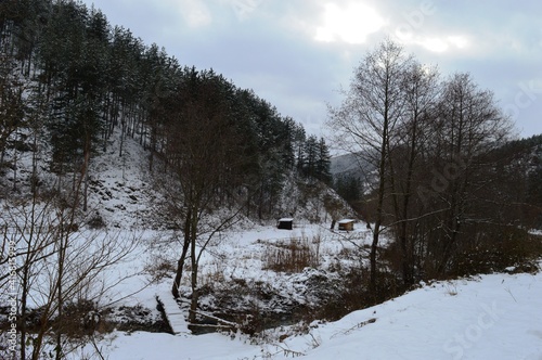 a small wooden bridge over a stream under snow in winter