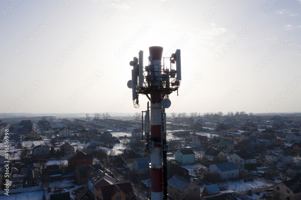 Telecommunication tower of 4G and 5G cellular. Base Station or Base Transceiver Station. Wireless Communication Antenna Transmitter. Telecommunication tower with antennas against blue sky. Telecommunication tower of 4G and 5G cellular. Base Station or Base Transceiver Station. Wireless Communication Antenna Transmitter. Telecommunication tower with antennas against blue sky.