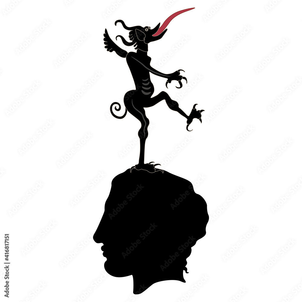 Medieval devil or demon with long tongue dancing on top of human head ...
