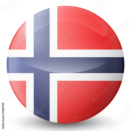 Glass light ball with flag of Norway. Round sphere, template icon. Norwegian national symbol. Glossy realistic ball, 3D abstract vector illustration highlighted on a white background. Big bubble.