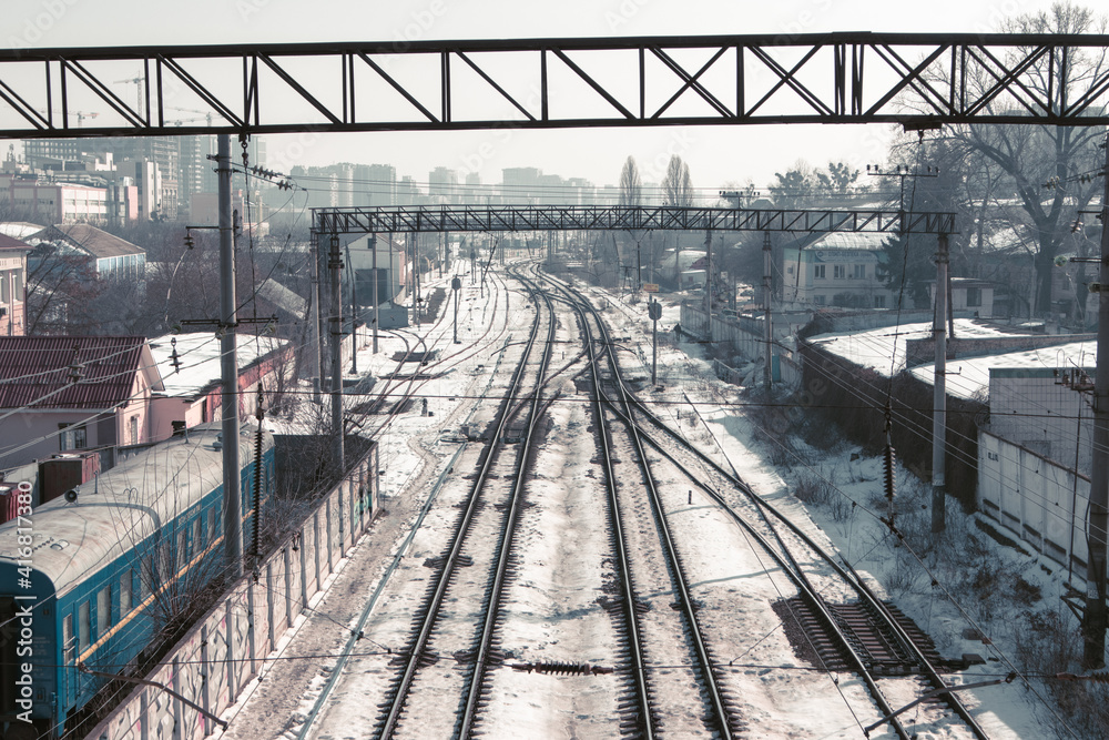 Kiev Central Railway Station. Railway in winter. The rails are covered with snow