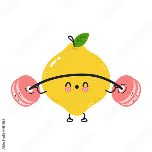 Cute funny lemon make gym with dumbbells. Vector flat line cartoon kawaii character illustration icon. Isolated on white background. Lemon workout character concept