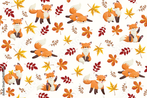 Seamless pattern with a little fox  butterfly and flowers. Wrapping paper pattern. Background with vector cartoon elements.