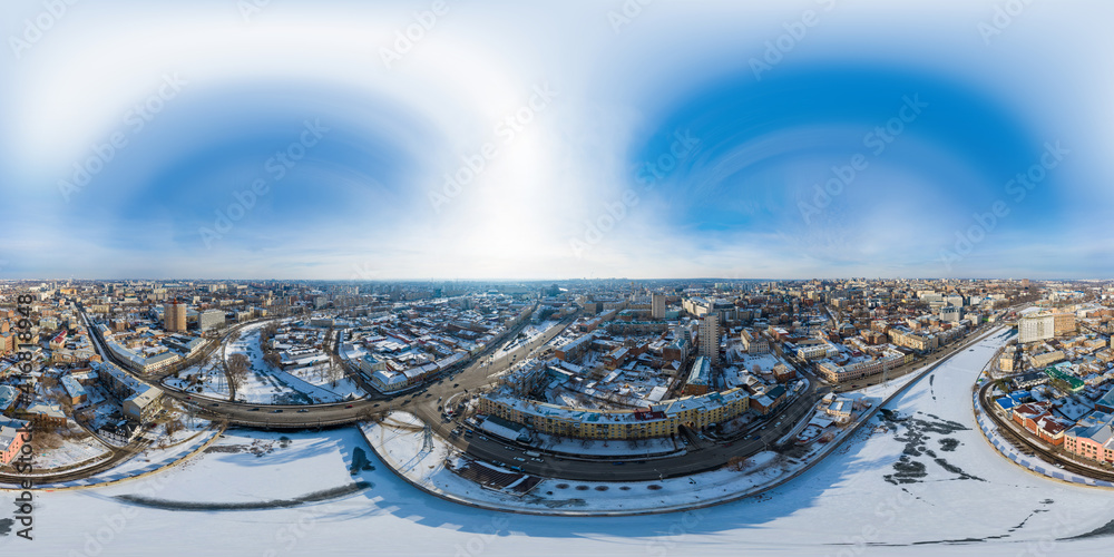 360 degrees aerial spherical panorama of winter day city view in Kharkiv