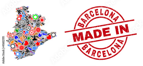 Technical Barcelona Province map mosaic and MADE IN grunge stamp. Barcelona Province map mosaic created with wrenches, cogs, tools, aviation symbols, cars, electricity sparks, details.