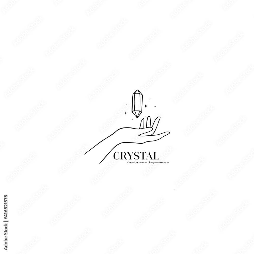 Logo design of hands with crystals. Modern template in trendy linear minimal style. Vector abstract emblem, symbol for tattoo design, cosmetics and packaging, jewellery, hand made or beauty products Logo design of hands with crystals. Modern template in trendy linear minimal style. Vector abstract emblem, symbol for tattoo design, cosmetics and packaging, jewellery, hand made or beauty products