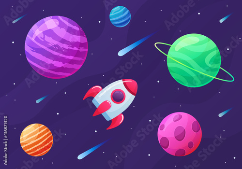 Fototapeta Naklejka Na Ścianę i Meble -  Vector illustration of the universe in cartoon style. Space, spaceship and colorful planets. Rocket in outer space
