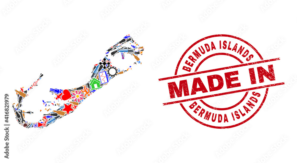 Obraz premium Component Bermuda Islands map mosaic and MADE IN grunge watermark. Bermuda Islands map mosaic formed with spanners, wheels, instruments, components, cars, power sparks, rockets.