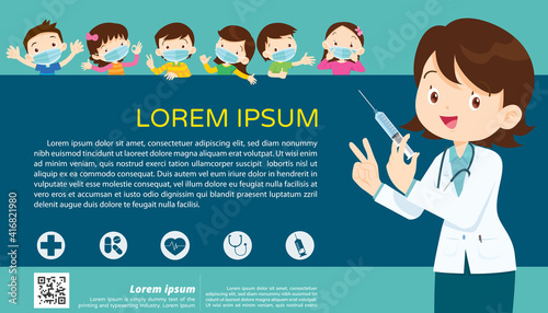 Doctor Holding Syringe with vaccine and children wear a medical face mask