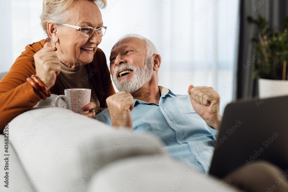 Fototapeta premium Cheerful senior couple relaxing on sofa in the living room and using laptop