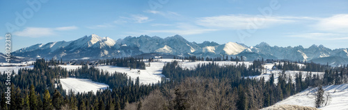 Wide panorama of Tatra mountains , eastern part, in winter viewed from Bukowina Tatrzanska in Poland