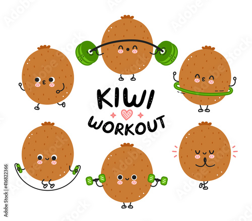 Cute funny kiwi make gym set collection. Vector flat line cartoon kawaii character illustration icon. Isolated on white background. Kiwi fruit workout character bundle concept