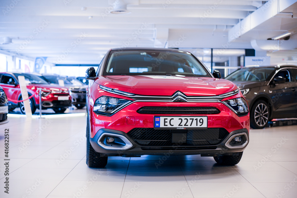 Tønsberg, Norway February 24, 2021 red Citroen eC4 is a crossover