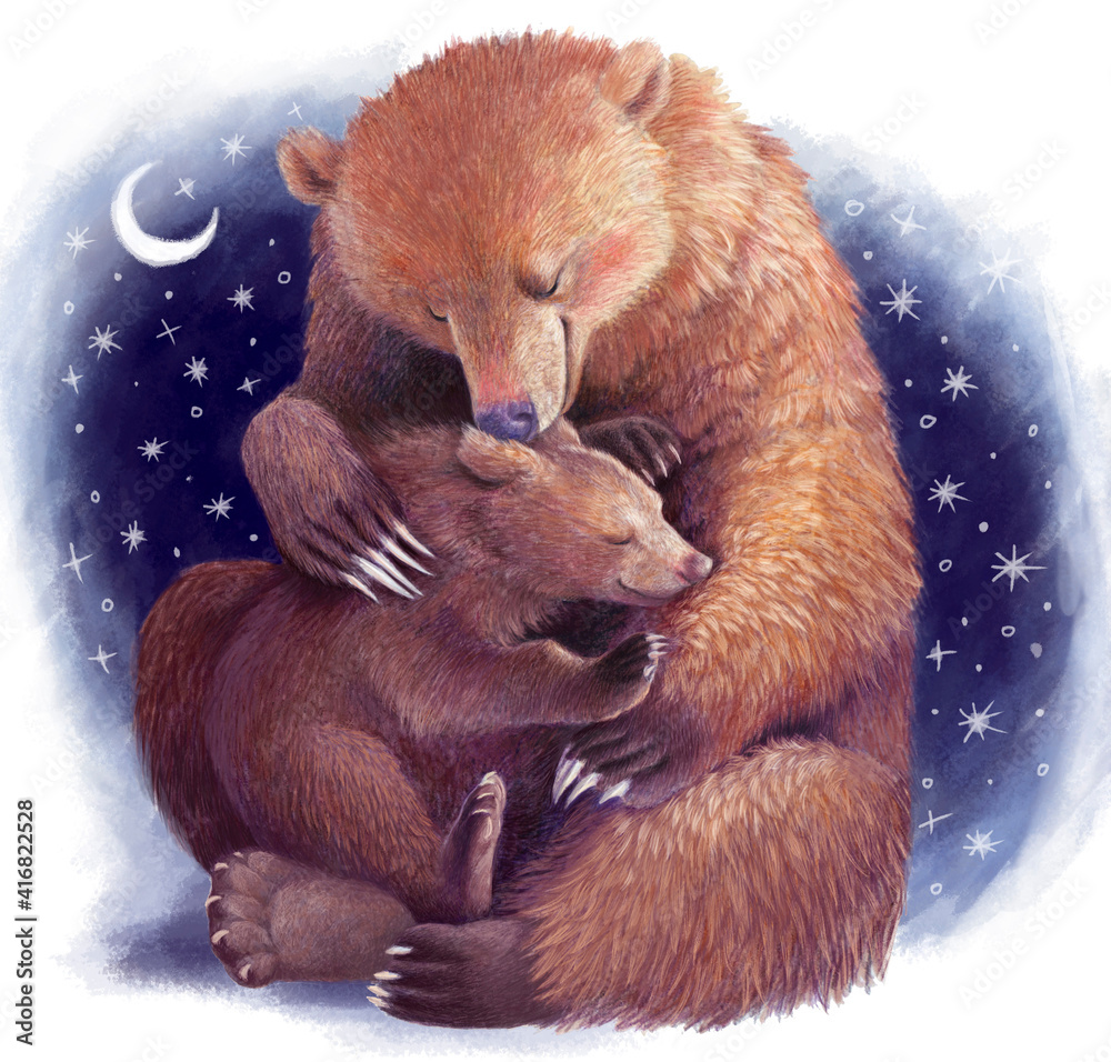 Mother bear hugs the bear cub. Realistic colored hand drawing