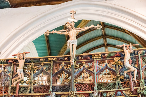 Le Faouet, France. The famous carved rood screen at the Chapelle Saint Fiacre, a Catholic chapel in central Brittany (Bretagne) photo