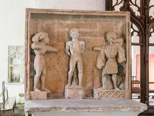 Le Faouet, France. The famous carved rood screen at the Chapelle Saint Fiacre, a Catholic chapel in central Brittany (Bretagne)