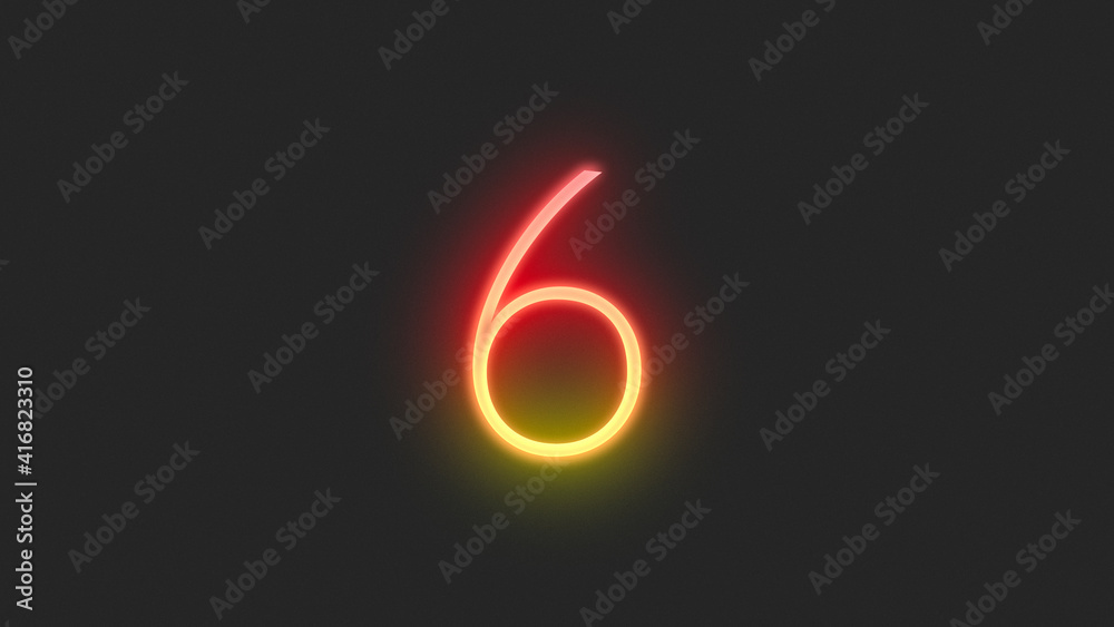 Realistic red and yellow neon number 6, on a black background Realistic red and yellow neon number 6, on a black background