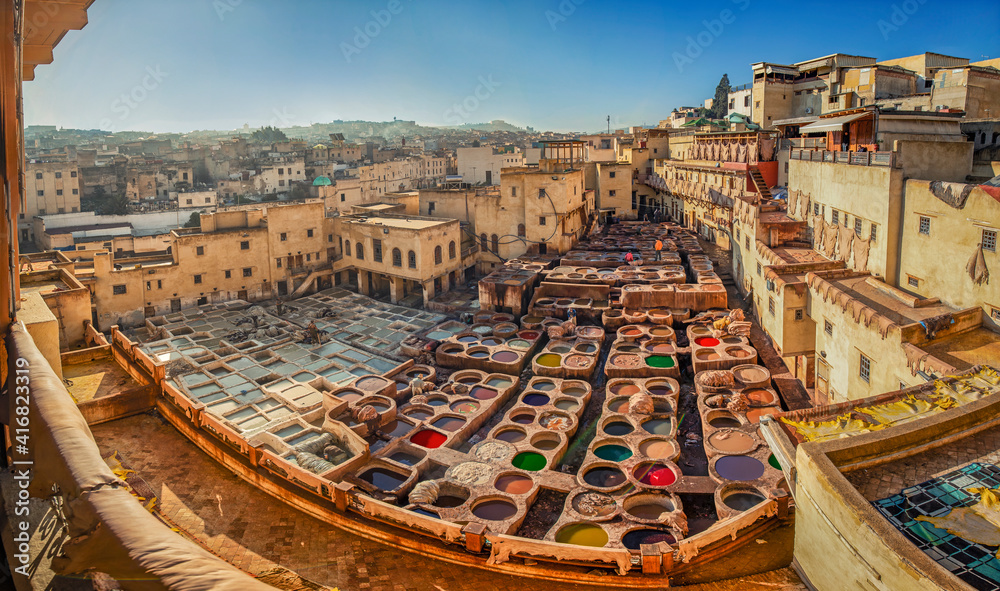 Panoramic view of the tannery Fez Morocco - obrazy, fototapety, plakaty 