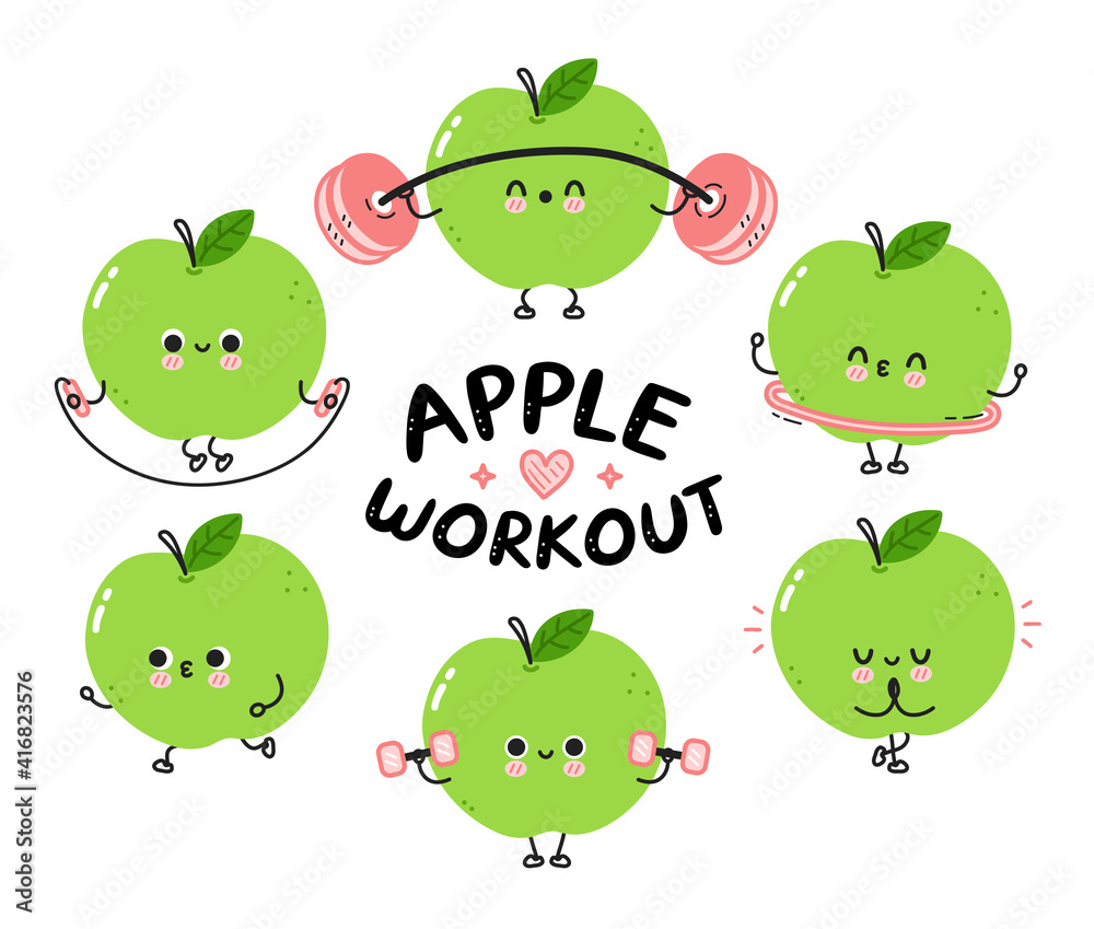Obraz premium Cute funny apple make gym set collection. Vector flat line cartoon kawaii character illustration icon. Isolated on white background. Apple fruit workout character bundle concept