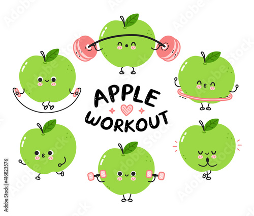 Cute funny apple make gym set collection. Vector flat line cartoon kawaii character illustration icon. Isolated on white background. Apple fruit workout character bundle concept