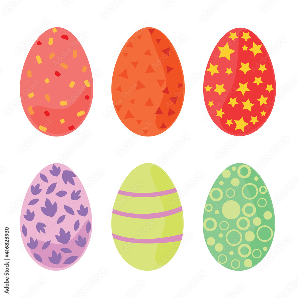 Festive Easter design, colored painted eggs with flat vector pattern, design of cards, banners, stickers 