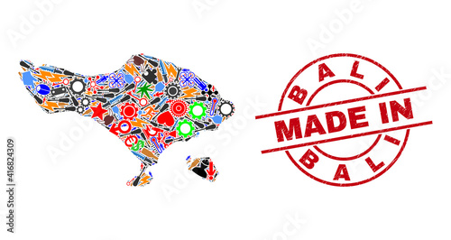 Development mosaic Bali map and MADE IN textured rubber stamp. Bali map abstraction composed with spanners, cogs, tools, items, transports, power bolts, helmets.
