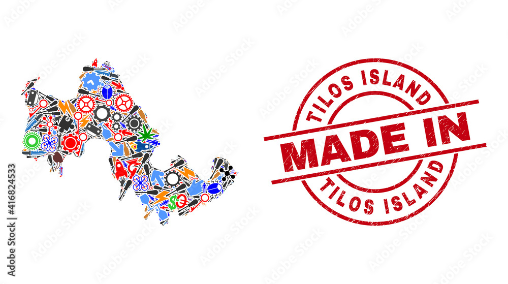Engineering Tilos Island map mosaic and MADE IN distress rubber stamp. Tilos Island map mosaic designed from spanners, wheels, screwdrivers,, keys, transports, power strikes, helmets. Engineering Tilos Island map mosaic and MADE IN distress rubber stamp. Tilos Island map mosaic designed from spanners, wheels, screwdrivers,, keys, transports, power strikes, helmets.