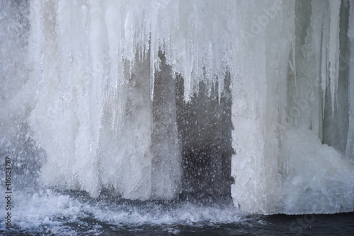 Closeup of a waterfall in winter