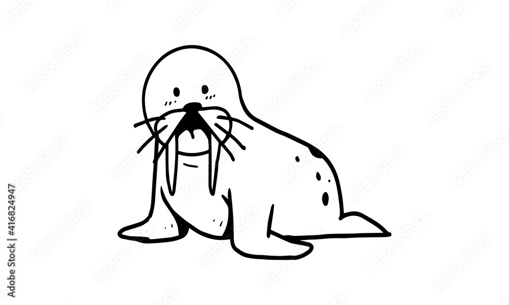 Obraz premium a cute walrus on the ground illustration. colorless stunned wildlife sea animal. illustration of animal and object for drawing and coloring. cartoon isolated on white background in vector design