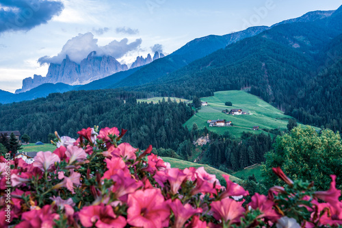 The Odle mountain peaks in the Dolomites in Italy..The Villnößtal with a view of the Geisler.