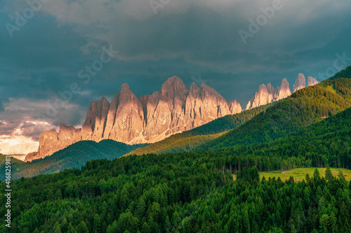 Panoramic view of the Dolomites, Italy. Odle mountain peaks.