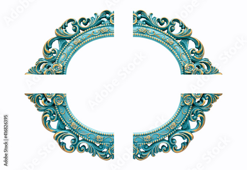 Turquoise gold gilded carved oval frame, isolated on white background photo