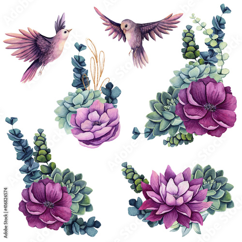 Set of Watercolor Floral Arrangements and Birds