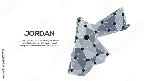 Jordan communication network map. Vector image of a low poly global map with city lights. Map in the form of triangles and dots