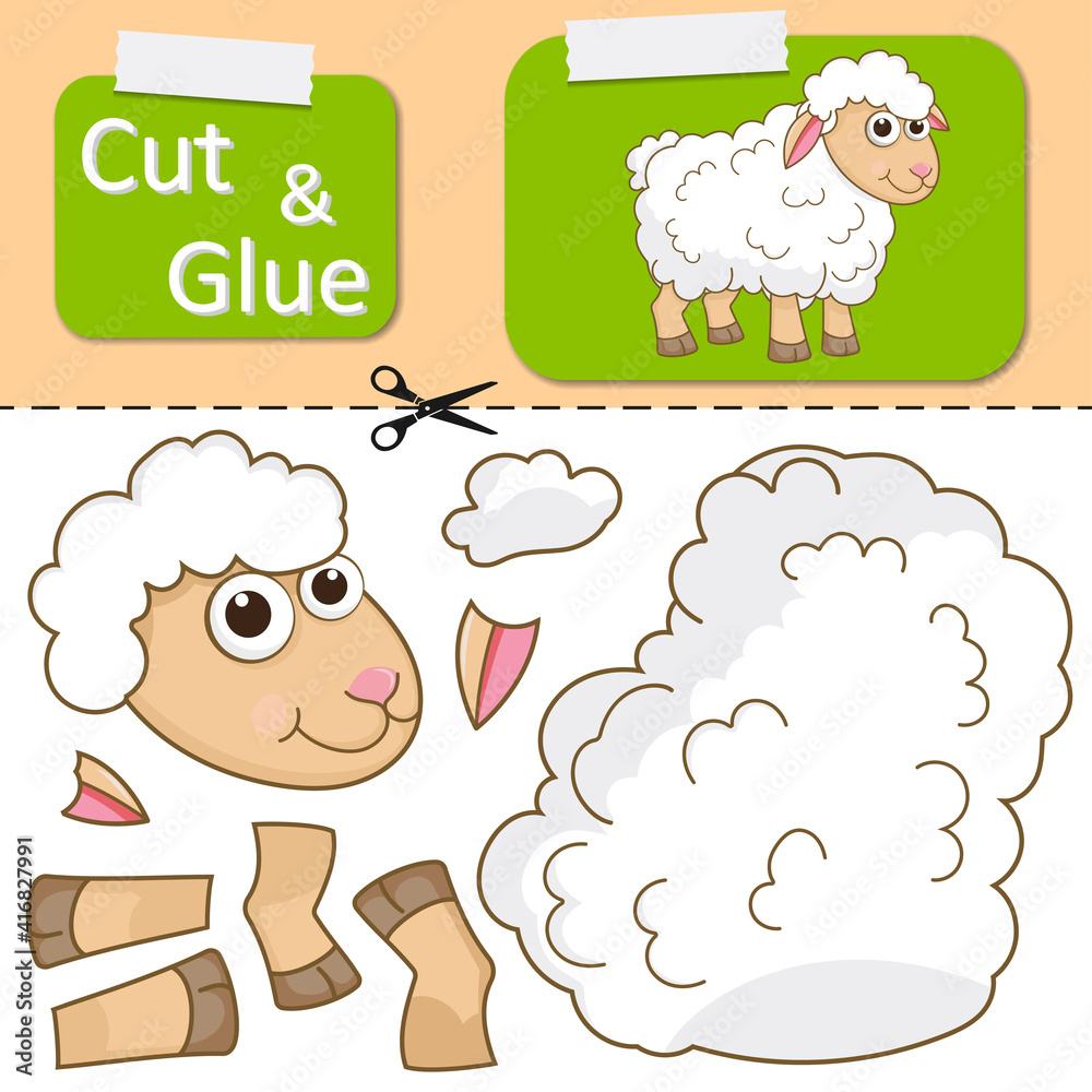Cut and glue the paper Sheep. Create application the cartoon funny Lamb ...