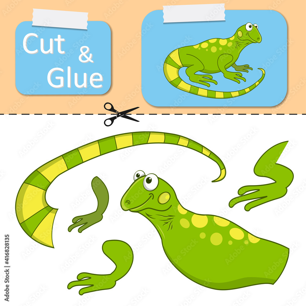 Obraz premium Cut and glue the paper Iguana. Create application the cartoon fun Lizard. Education riddle entertainment and amusement for children. Kids logic game and activities jigsaw. Preschool worksheet activity