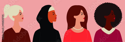 Four women from different nationalities united and standing. Group of females in solidarity. Women's rights, gender equality banner greeting card. Business woman empowerment movement concept. Vector.