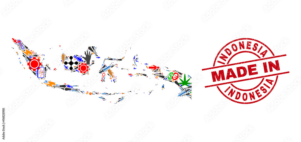 Obraz premium Education mosaic Indonesia map and MADE IN distress watermark. Indonesia map mosaic designed from spanners, cogs, tools,, keys, transports, power bolts, details.