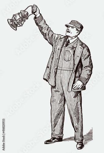 Railroad worker or train dispatcher from early 20th century waving signal lamp
