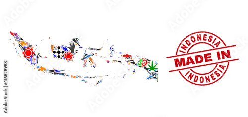 Education mosaic Indonesia map and MADE IN distress watermark. Indonesia map mosaic designed from spanners, cogs, tools,, keys, transports, power bolts, details.