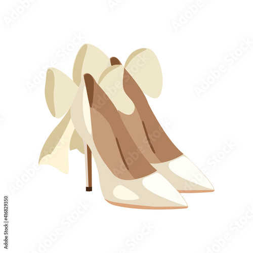 Illustration of wedding shoes vector flat, hand-drawn female high-heeled shoes with a bow of ivory color 
