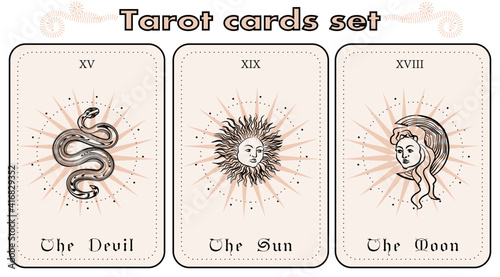 Set of illustrations with snake, moon, sun, star on a pink background. Vector.	